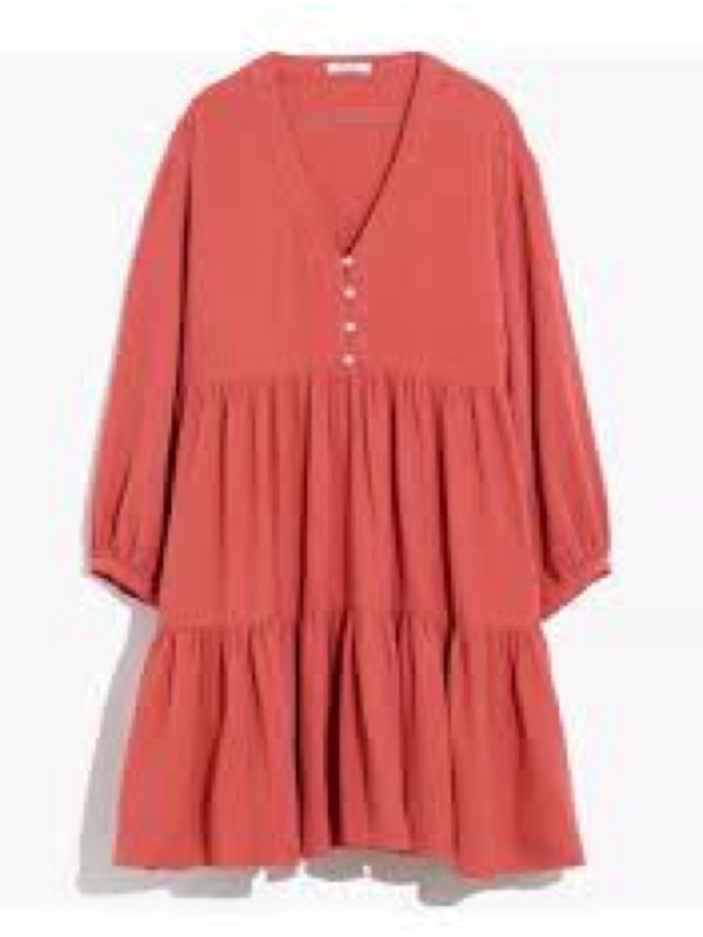 Madewell Long-Sleeve Tiered V-Neck Dress in Coral